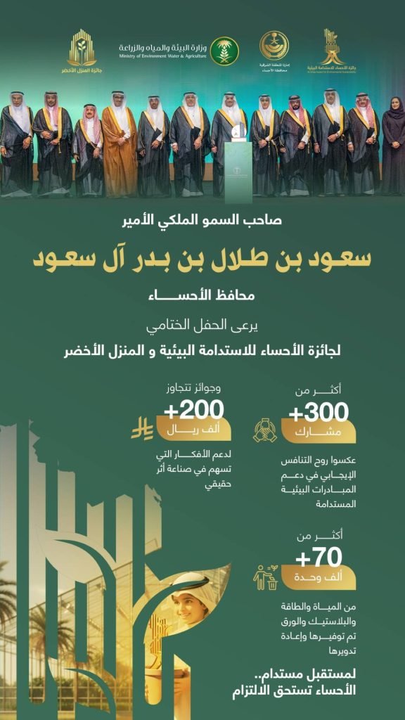 محافظ الأحساء يرعى الحفل الختامي لجائزة الأحساء للاستدامة البيئية ويكرّم الفائزين في نسختها الأولى